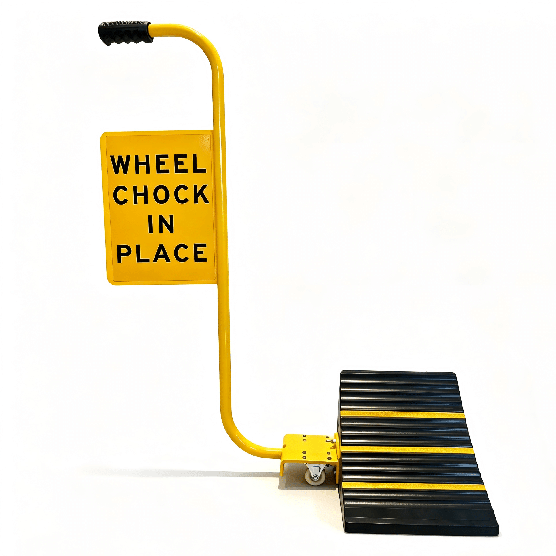 Wheel Chock on Wheels » Highway 1 Yellow wheel chock device with a curved yellow support and a panel that reads 'WHEEL CHOCK IN PLACE' against a white background.