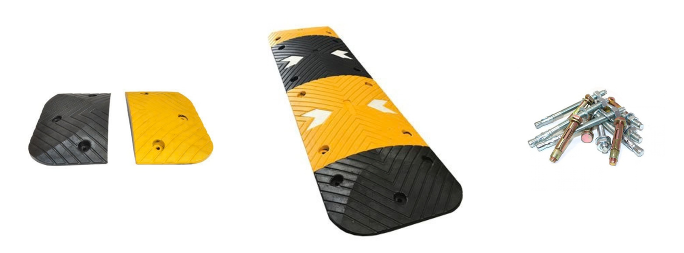 50mm speed hump » Highway 1 Interlocking rubber speed bump sections in black and yellow with mounting screws and bolts