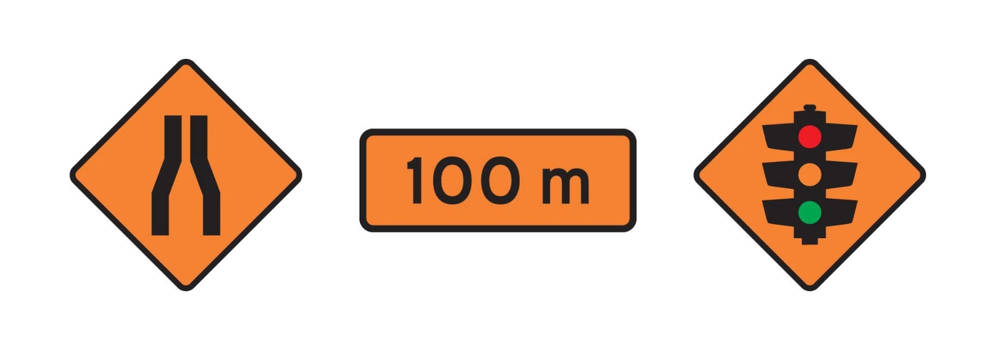 Transparent Background Images 11 » Highway 1 Warning signs: upcoming road narrows ahead in 100 m; traffic signal ahead (three states: red, yellow, green).