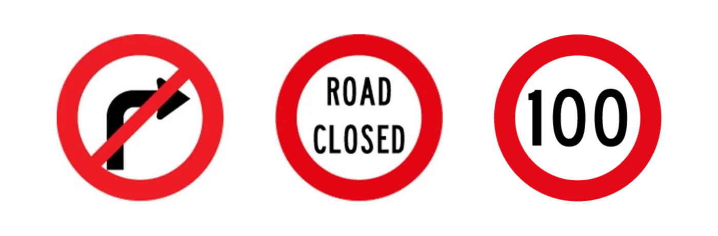 Transparent Background Images 13 » Highway 1 No left turn sign, road closed sign, and a 100 speed limit sign displayed side by side.