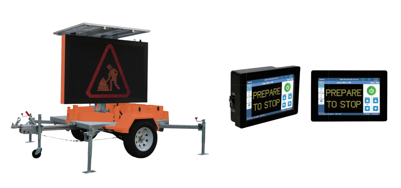 Transparent Background Images 22 » Highway 1 Mobile roadwork sign trailer with a large LED board displaying a caution triangle; two handheld display units read 'PREPARE TO STOP'