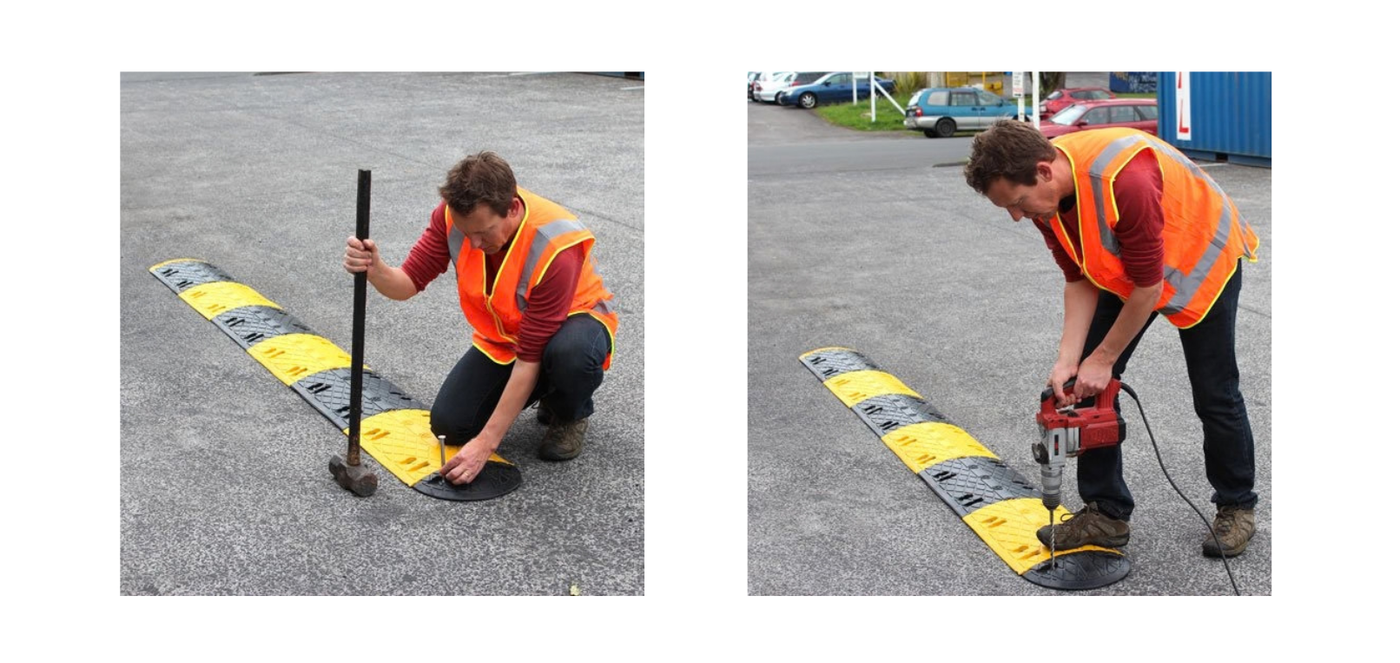 installation » Highway 1 Worker in an orange safety vest kneels on asphalt, using a mallet to install a yellow-and-black speed bump on the road edge area: